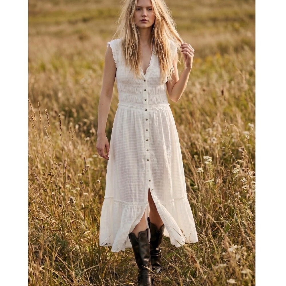 Free People Desert Dazed Boho Ruffle Midi Dress Clean Ivory Women's Size Large
